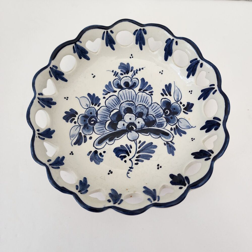DeWit Delft Blue Handpainted Bowl Trinket Dish Reticulated Floral Blue White Vtg